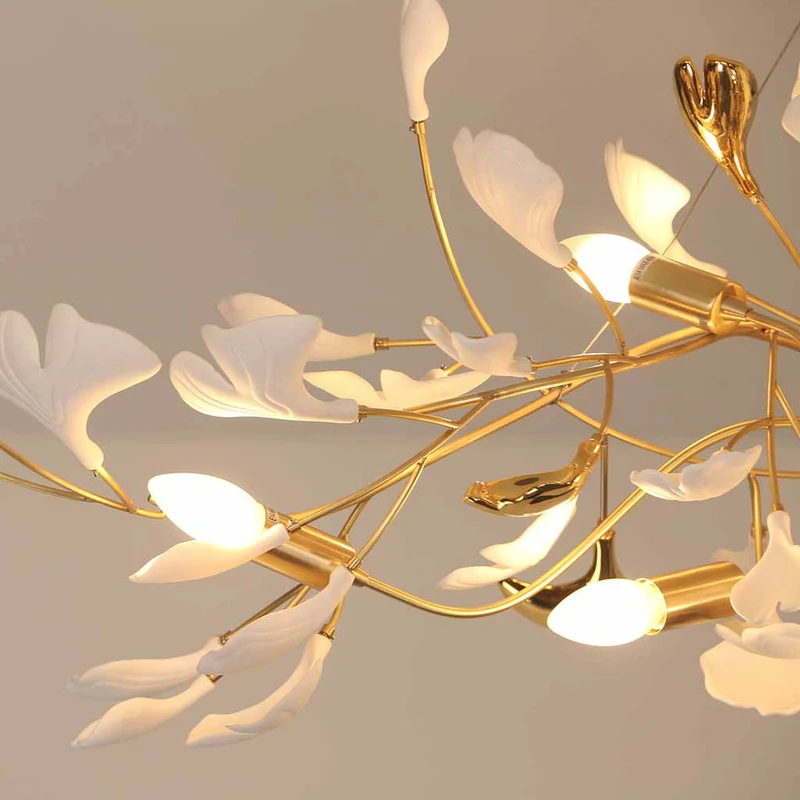 Kroonluchter Ginkgo Bladeren Keramiek Goudkleurig Wit Hanglamp Eetkamer Woonkamer Slaapkamer Verlichting | Sansoti