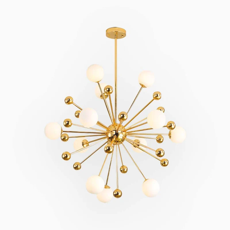 Glazen Hanglamp Goudkleur met Melkwit Glas Moderne Sputnik Design 11-18 Lichtpunten Verstelbaar Woonkamer | Sansoti