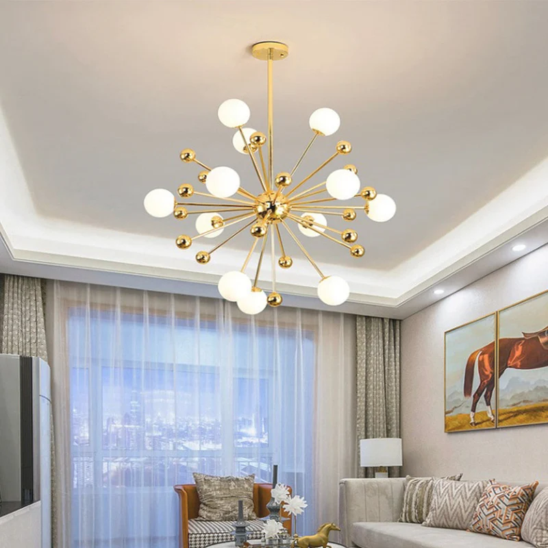 Glazen Hanglamp Goudkleur met Melkwit Glas Moderne Sputnik Design 11-18 Lichtpunten Verstelbaar Woonkamer | Sansoti