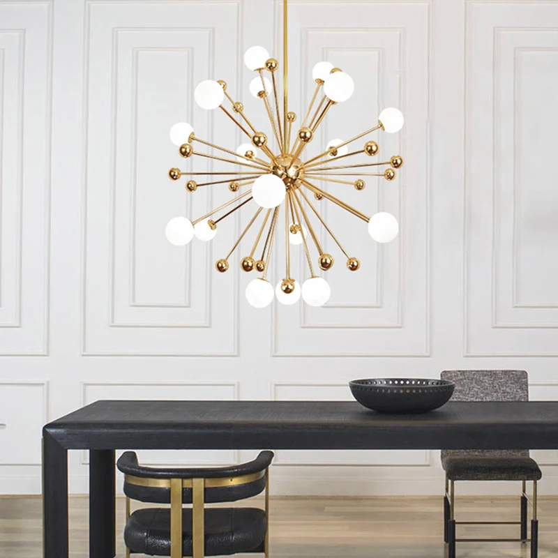 Glazen Hanglamp Goudkleur met Melkwit Glas Moderne Sputnik Design 11-18 Lichtpunten Verstelbaar Woonkamer | Sansoti