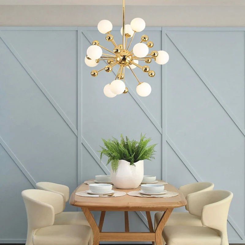 Glazen Hanglamp Goudkleur met Melkwit Glas Moderne Sputnik Design 11-18 Lichtpunten Verstelbaar Woonkamer | Sansoti