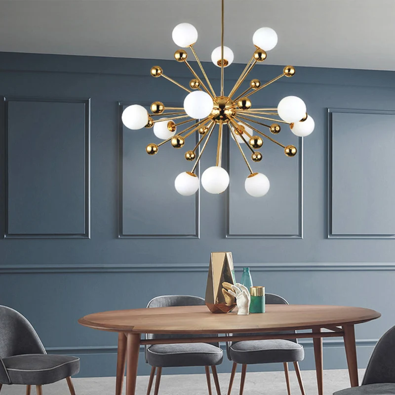 Glazen Hanglamp Goudkleur met Melkwit Glas Moderne Sputnik Design 11-18 Lichtpunten Verstelbaar Woonkamer | Sansoti