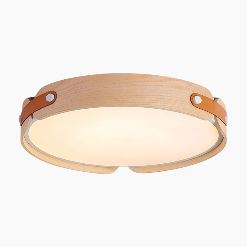 Ronde plafondlamp hout leer dimbaar LED verlichting met afstandsbediening drie kleuren modern design | Sansoti
