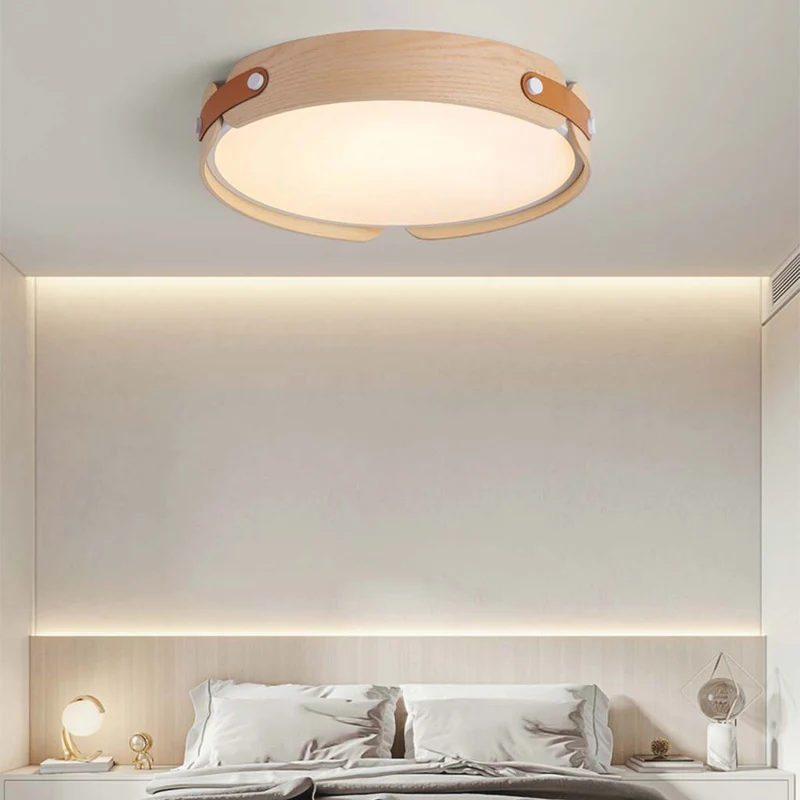 Ronde plafondlamp hout leer dimbaar LED verlichting met afstandsbediening drie kleuren modern design | Sansoti