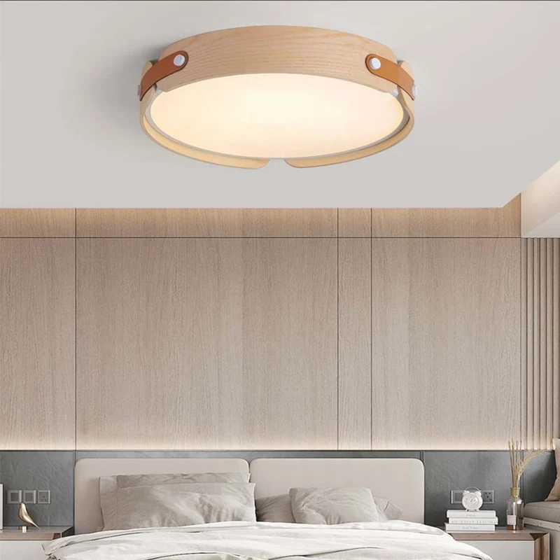 Ronde plafondlamp hout leer dimbaar LED verlichting met afstandsbediening drie kleuren modern design | Sansoti