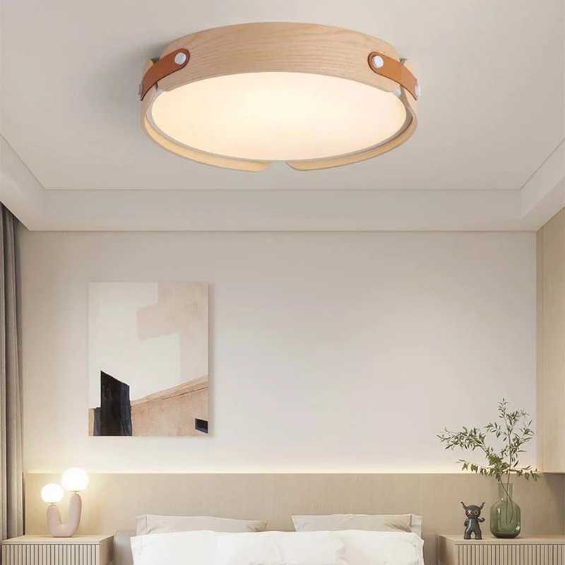 Ronde plafondlamp hout leer dimbaar LED verlichting met afstandsbediening drie kleuren modern design | Sansoti