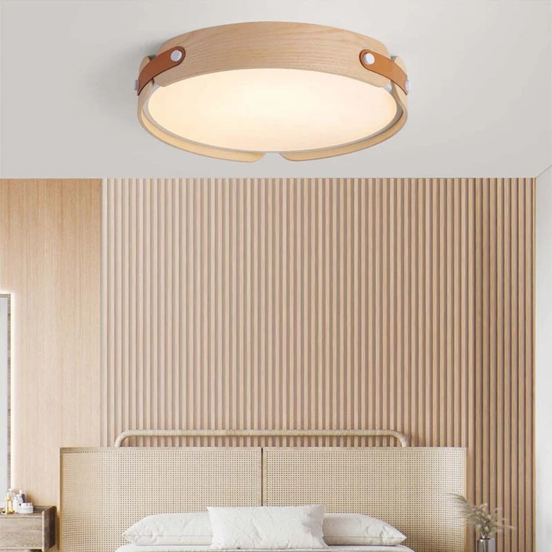 Ronde plafondlamp hout leer dimbaar LED verlichting met afstandsbediening drie kleuren modern design | Sansoti