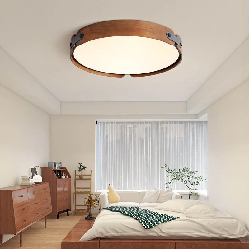 Ronde plafondlamp hout leer dimbaar LED verlichting met afstandsbediening drie kleuren modern design | Sansoti