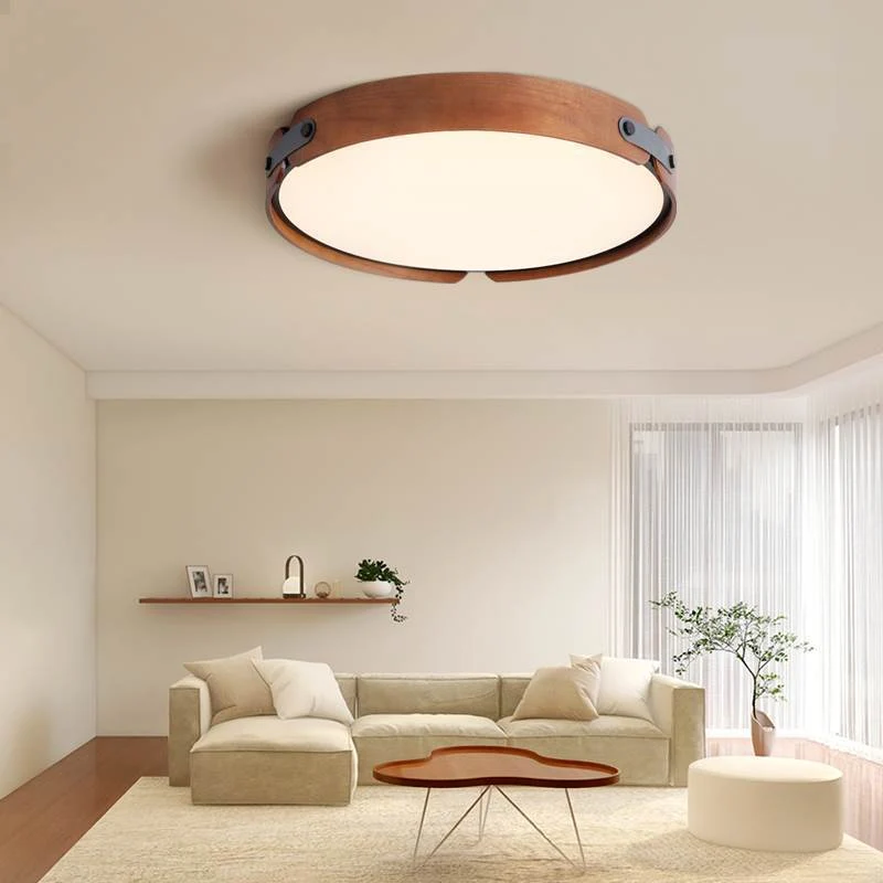 Ronde plafondlamp hout leer dimbaar LED verlichting met afstandsbediening drie kleuren modern design | Sansoti