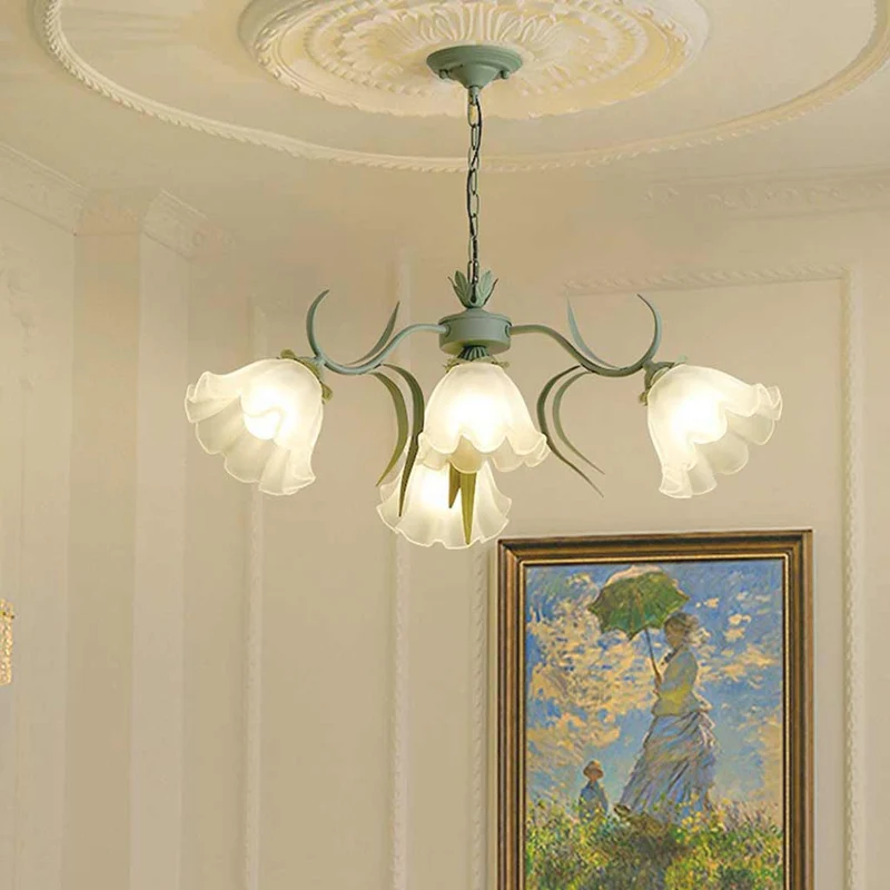 Kroonluchter Metaal Glas Lelietje-van-Dalen Bloemen Groen Wit Hanglamp Eetkamer Woonkamer Romantisch Sfeerlicht | Sansoti