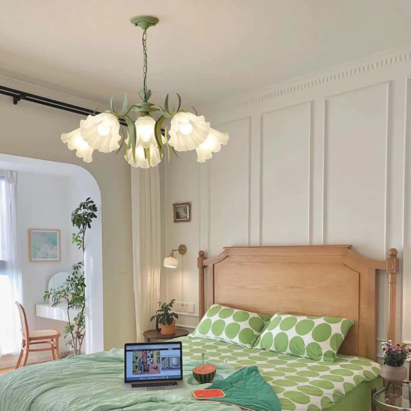 Kroonluchter Metaal Glas Lelietje-van-Dalen Bloemen Groen Wit Hanglamp Eetkamer Woonkamer Romantisch Sfeerlicht | Sansoti