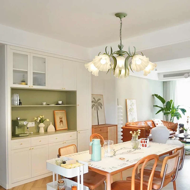 Kroonluchter Metaal Glas Lelietje-van-Dalen Bloemen Groen Wit Hanglamp Eetkamer Woonkamer Romantisch Sfeerlicht | Sansoti