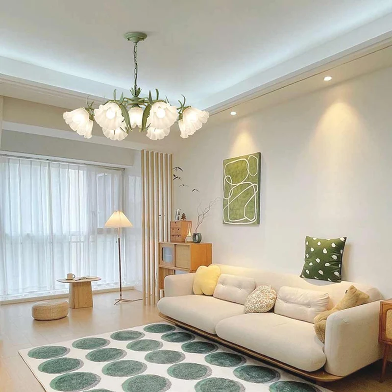 Kroonluchter Metaal Glas Lelietje-van-Dalen Bloemen Groen Wit Hanglamp Eetkamer Woonkamer Romantisch Sfeerlicht | Sansoti