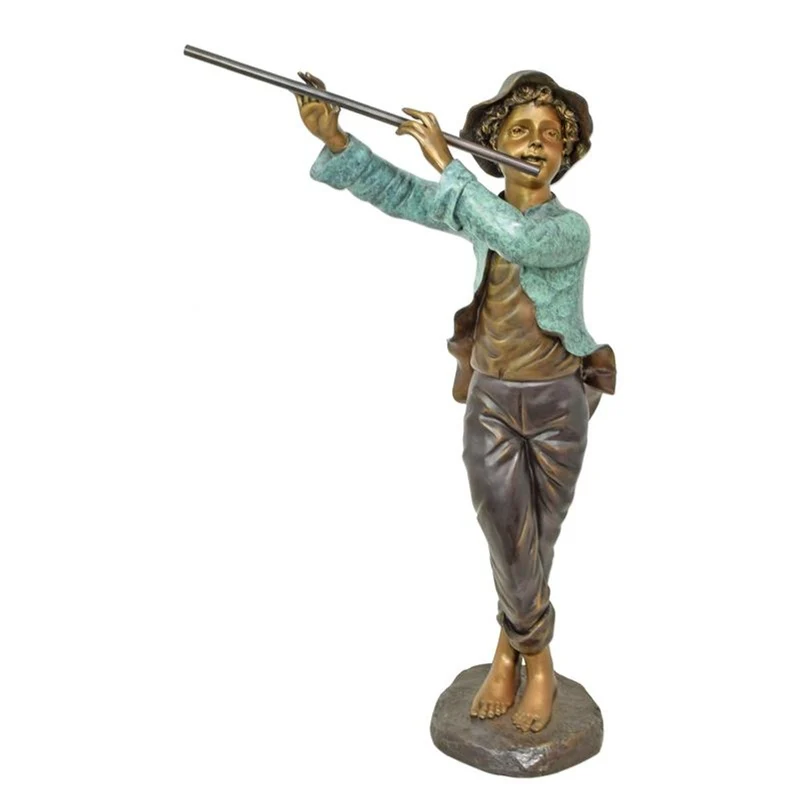 Casa Padrino Luxus Bronze Skulptur Flötenspieler Bronze / Türkis 63 x H. 107 cm - Große Bronzefigur - Deko Figur