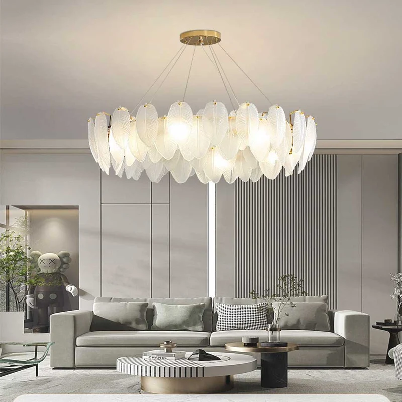 Kroonluchter Glazen Veren Rond Rechthoekig Goud Wit LED Plafondlamp Modern Scandinavisch Luxe Verlichting | Sansoti