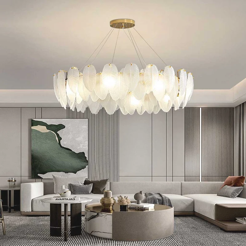 Kroonluchter Glazen Veren Rond Rechthoekig Goud Wit LED Plafondlamp Modern Scandinavisch Luxe Verlichting | Sansoti