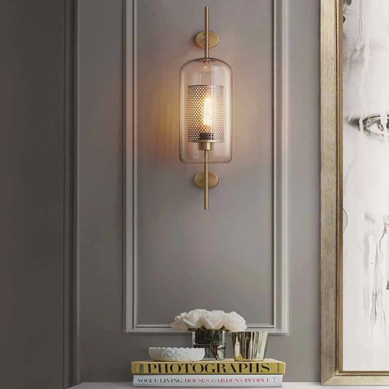 Wandlamp Glazen Cilinder met Geperforeerde Messing Kap Modern Design Warm Licht Sfeerverlichting Woonkamer | Sansoti