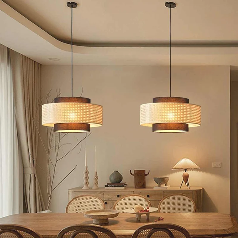 Hanglamp Rotan Stof Rond Natuurlijk Japandi Sfeer Dubbele Kap Eetkamer Woonkamer LED Hangverlichting Modern | Sansoti