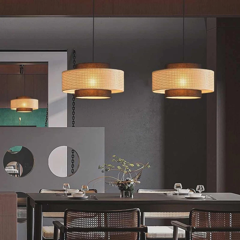 Hanglamp Rotan Stof Rond Natuurlijk Japandi Sfeer Dubbele Kap Eetkamer Woonkamer LED Hangverlichting Modern | Sansoti