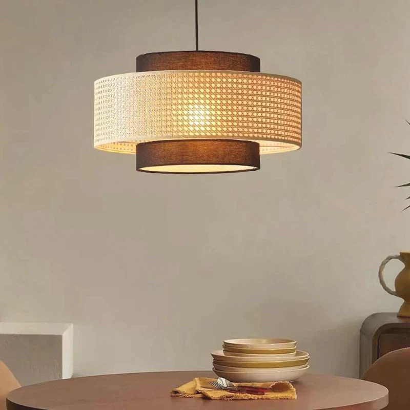 Hanglamp Rotan Stof Rond Natuurlijk Japandi Sfeer Dubbele Kap Eetkamer Woonkamer LED Hangverlichting Modern | Sansoti