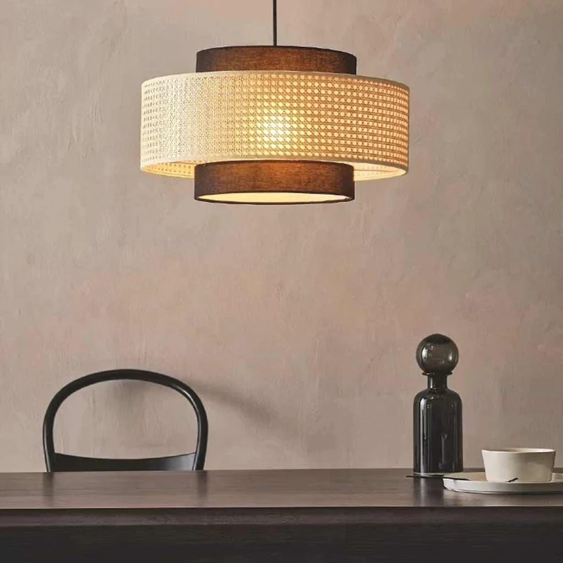 Hanglamp Rotan Stof Rond Natuurlijk Japandi Sfeer Dubbele Kap Eetkamer Woonkamer LED Hangverlichting Modern | Sansoti