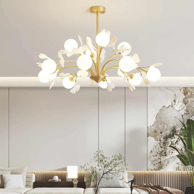 Kroonluchter met Glazen Bollen Keramiek Ginkgo Bladeren Messing Armatuur Warm Licht Woonkamer Eetkamer | Sansoti