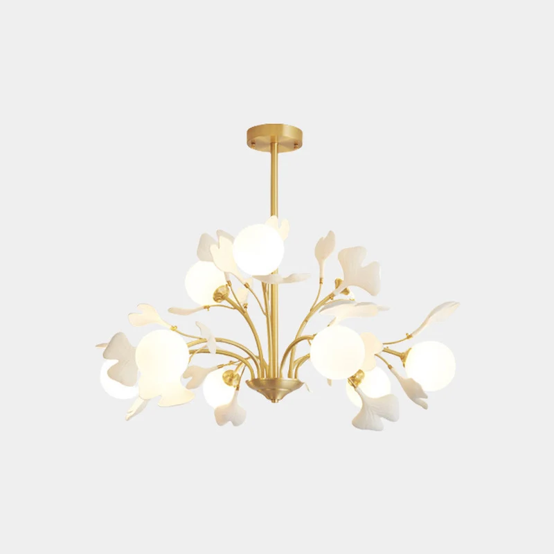 Kroonluchter met Glazen Bollen Keramiek Ginkgo Bladeren Messing Armatuur Warm Licht Woonkamer Eetkamer | Sansoti