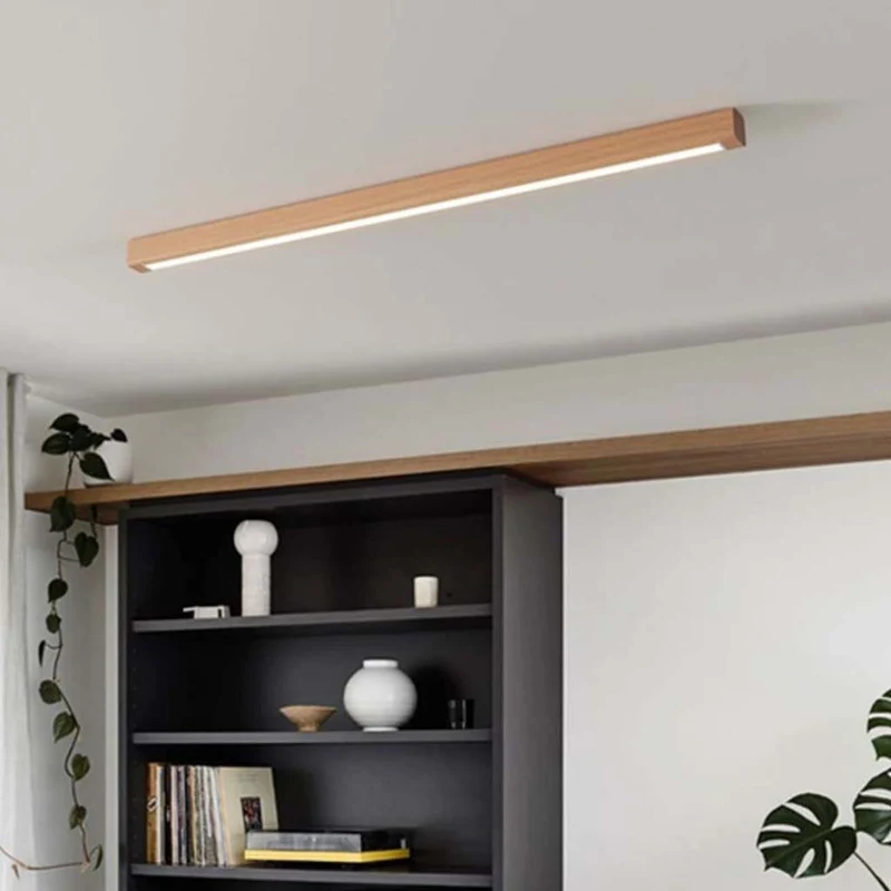 Lineaire Plafondlamp Hout 60-180cm LED Dimbaar 3 Lichtkleuren Smal Design voor Gang Hal Woonkamer Scandinavisch | Sansoti