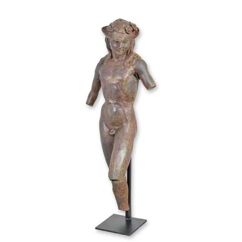 Casa Padrino Luxus Bronze Skulptur David Torso mit Hirtenhut Bronze / Ocker / Grün 49 x 40 x H. 134 cm - Bronzefigur auf Metallständer - Große Deko Figur