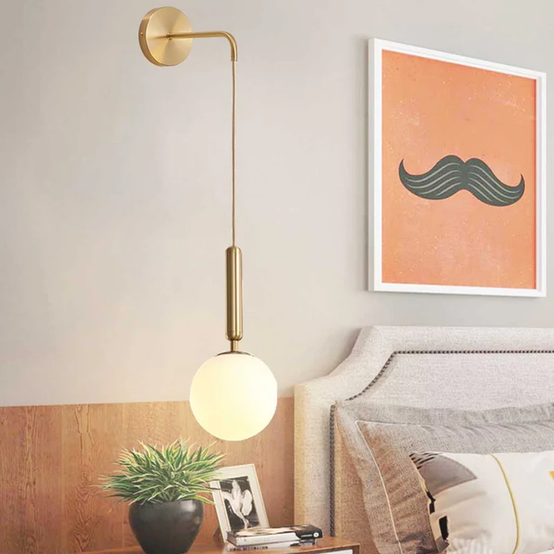 Glazen Bol Wandlamp Verstelbaar met Gouden Kabel Slaapkamer Woonkamer Nordic Scandinavisch Design LED | Sansoti