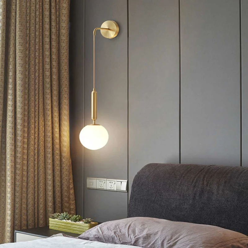 Glazen Bol Wandlamp Verstelbaar met Gouden Kabel Slaapkamer Woonkamer Nordic Scandinavisch Design LED | Sansoti