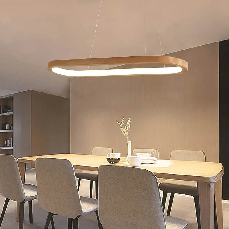 Ovale Houten Hanglamp met Dimbare LED Verlichting en Afstandsbediening voor Eetkamer Keuken Bar Woonkamer | Sansoti