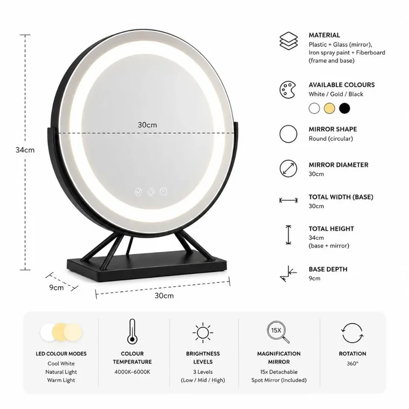 Verlichte Make-upspiegel met LED Dimbaar 15x Vergrotend 30cm Rond 3 Lichtmodi 360° Roteerbaar Tafelmodel | Sansoti