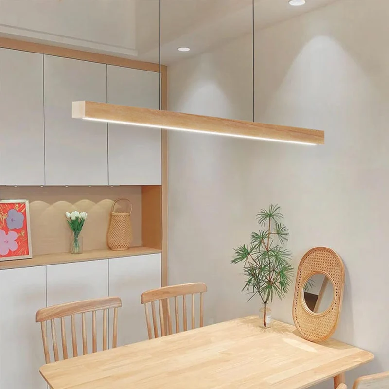 Lineaire Hanglamp Rubberhout LED Minimalistisch Scandinavisch Design Eetkamer Keukeneiland Eettafel Verlichting | Sansoti