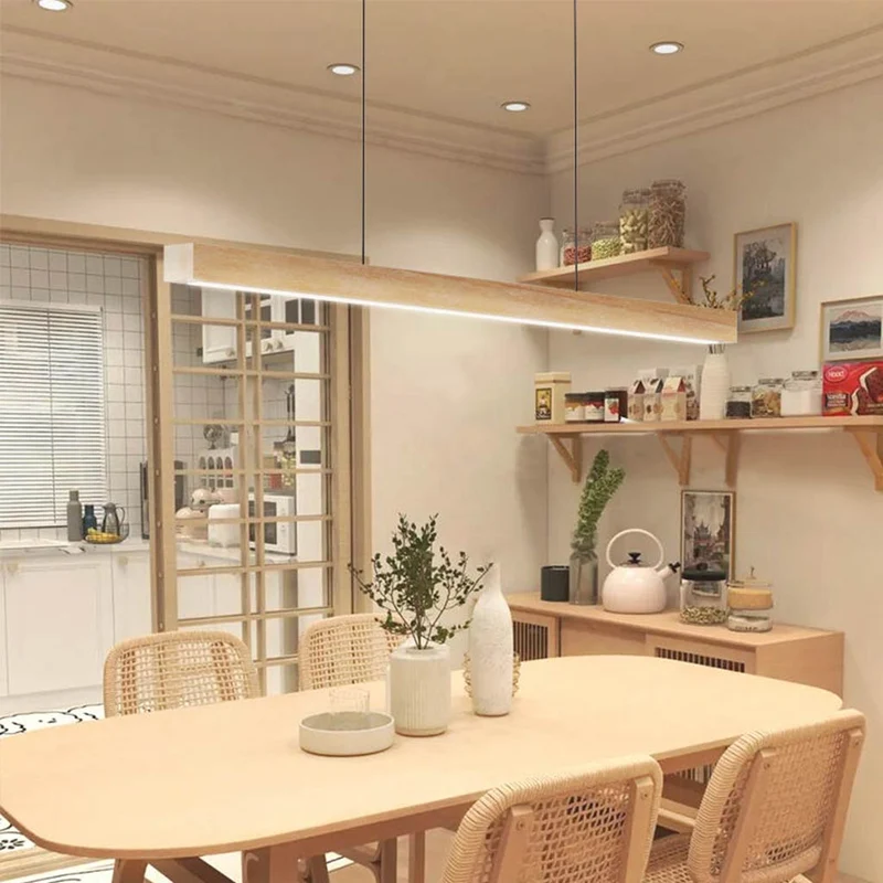 Lineaire Hanglamp Rubberhout LED Minimalistisch Scandinavisch Design Eetkamer Keukeneiland Eettafel Verlichting | Sansoti