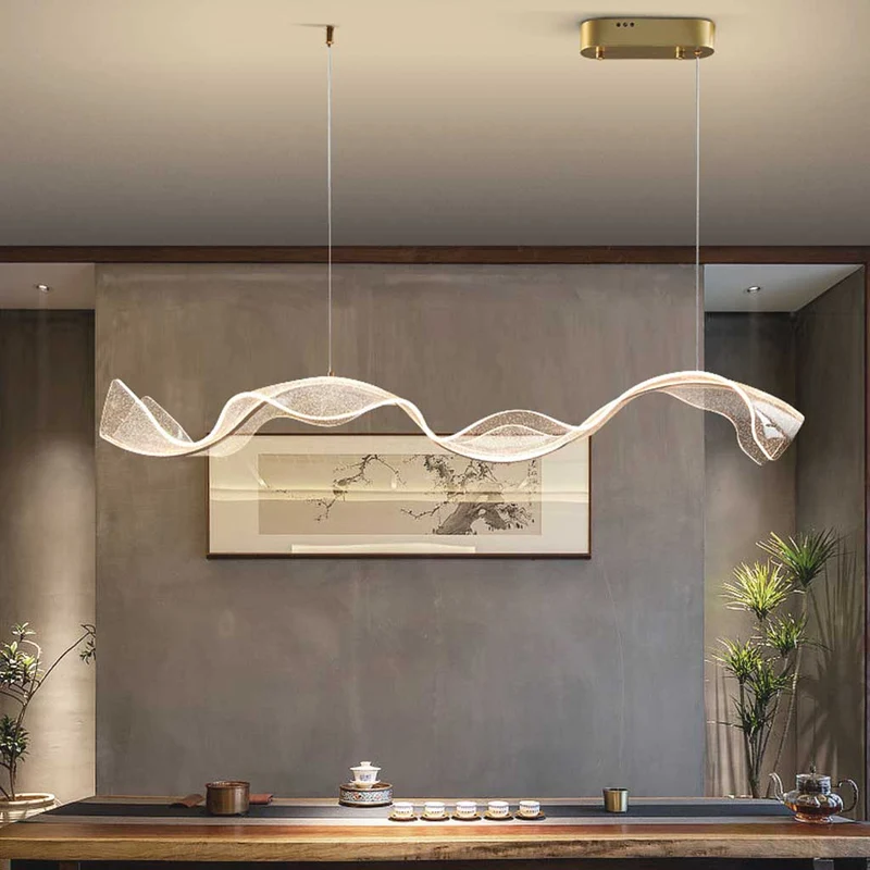 Kroonluchter Golvende Acryl Lint Goud Dimbaar LED 100-220cm Eetkamer Woonkamer Hanglamp Luxe Modern Design | Sansoti