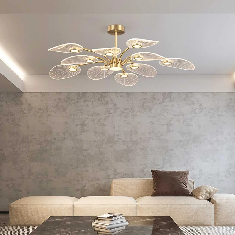 Semi-Plafondlamp Lotus Acryl Goud LED 6-8-10 Armen Woonkamer Eetkamer Slaapkamer Modern Interieur Verlichting | Sansoti