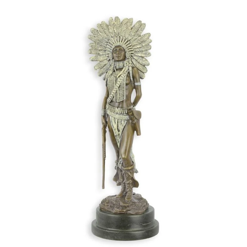 Casa Padrino Luxus Bronzefigur Indianerin mit Federschmuck Bronze / Elfenbein 14,5 x 15,8 x H. 45,7 cm - Bronze Skulptur mit Marmorsockel - Indianer Deko Figur - Western Deko