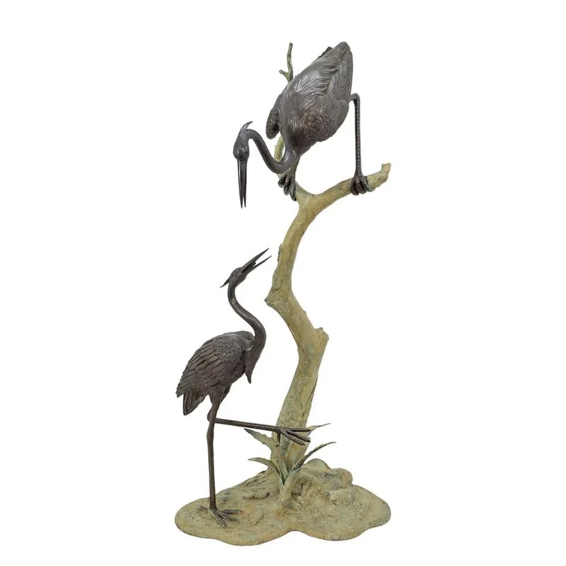 Casa Padrino Luxus Bronze Brunnen Zwei Reiher am Ast Bronze / Grün 55 x 65 x H. 148 cm - Gartenbrunnen - Wasserspiel - Gartendeko