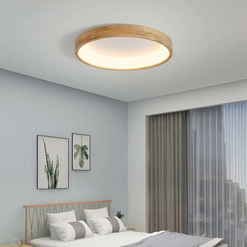 Ronde Houten Plafondlamp Natuurtint LED Dimbaar met Afstandsbediening Scandinavisch Design voor Woonkamer | Sansoti