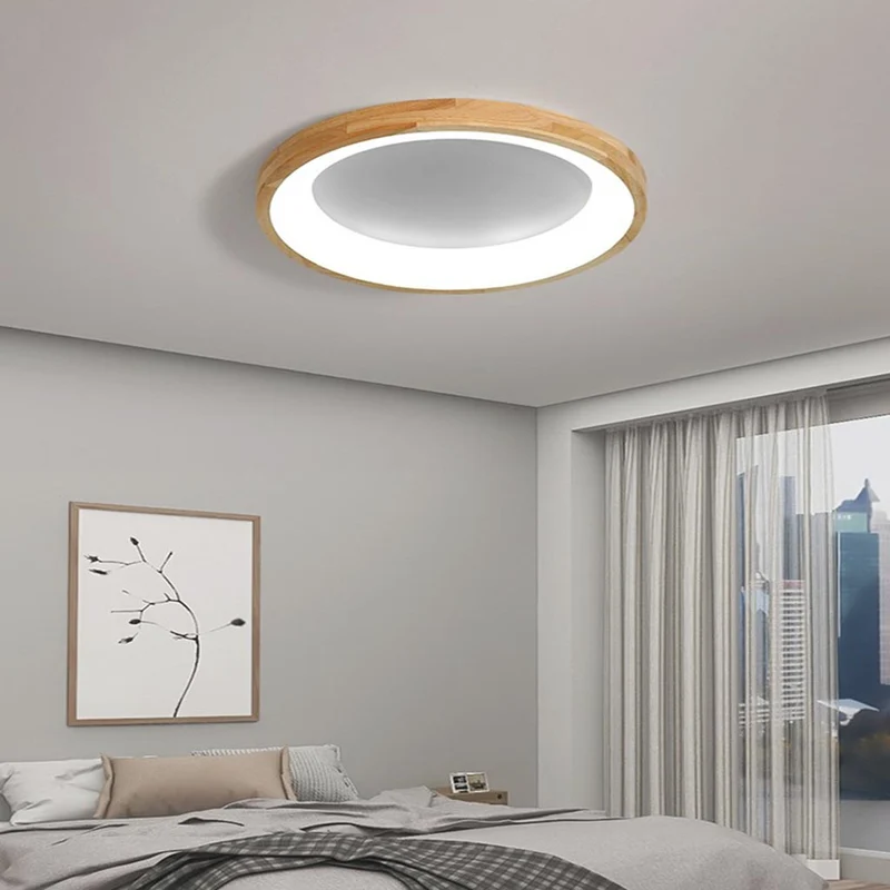 Ronde Houten Plafondlamp Natuurtint LED Dimbaar met Afstandsbediening Scandinavisch Design voor Woonkamer | Sansoti