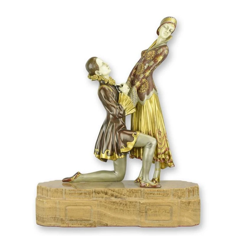 Casa Padrino Luxus Art Deco Bronzefigur Liebespaar Everlasting Love Gold / Rot / Elfenbein 12,2 x 31,5 x H. 39,5 cm - Kalt bemalte Bronze Skulptur mit Marmorsockel