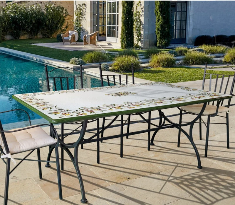 Casa Padrino Luxus Jugendstil Gartentisch Olivenzweige 200 × 100 cm - Rechteckiger Esstisch aus handbemaltem Lavastein - Gastronomie Möbel - Made in Italy