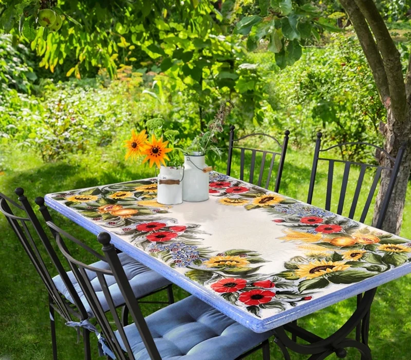 Casa Padrino Luxus Jugendstil Gartentisch Mohn und Sonnenblumen 160 × 80 cm - Rechteckiger Esstisch aus handbemaltem Lavastein - Gastronomie Möbel - Made in Italy