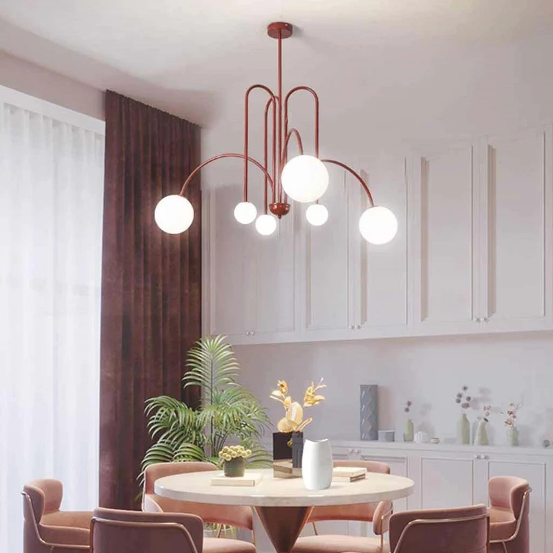 Kroonluchter Melkglas Bolvormig met Gebogen Armen IJzer Zwart Goud Rood Hanglamp LED Eetkamer Woonkamer | Sansoti