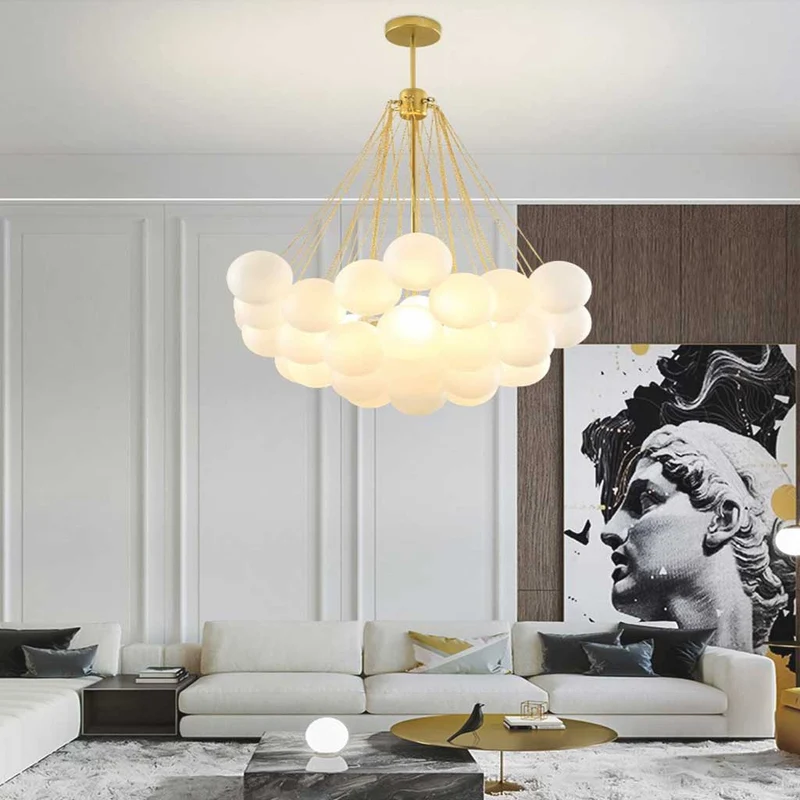 Glazen Bollenhanglamp met Metalen Ketting Zwart Goud Verstelbaar LED Kroonluchter Eetkamer Slaapkamer | Sansoti