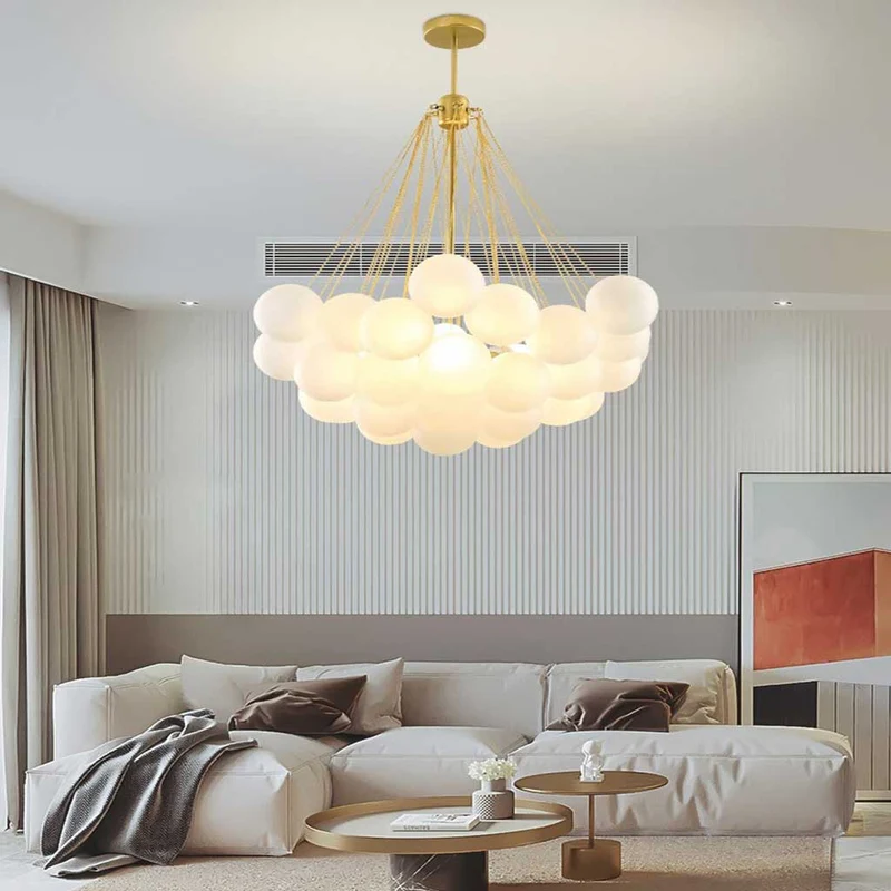 Glazen Bollenhanglamp met Metalen Ketting Zwart Goud Verstelbaar LED Kroonluchter Eetkamer Slaapkamer | Sansoti
