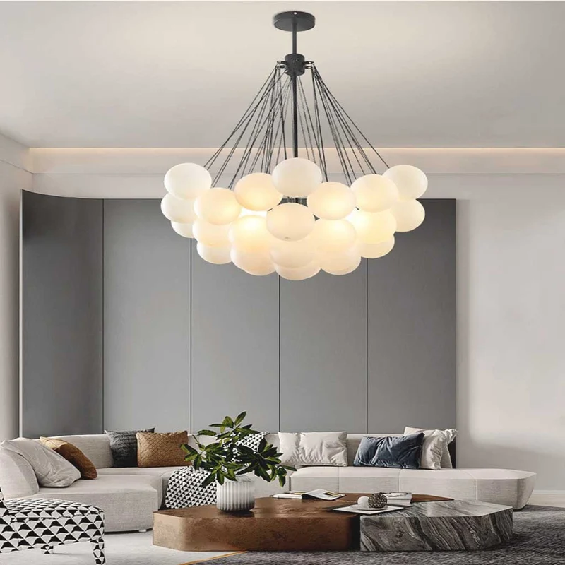 Glazen Bollenhanglamp met Metalen Ketting Zwart Goud Verstelbaar LED Kroonluchter Eetkamer Slaapkamer | Sansoti
