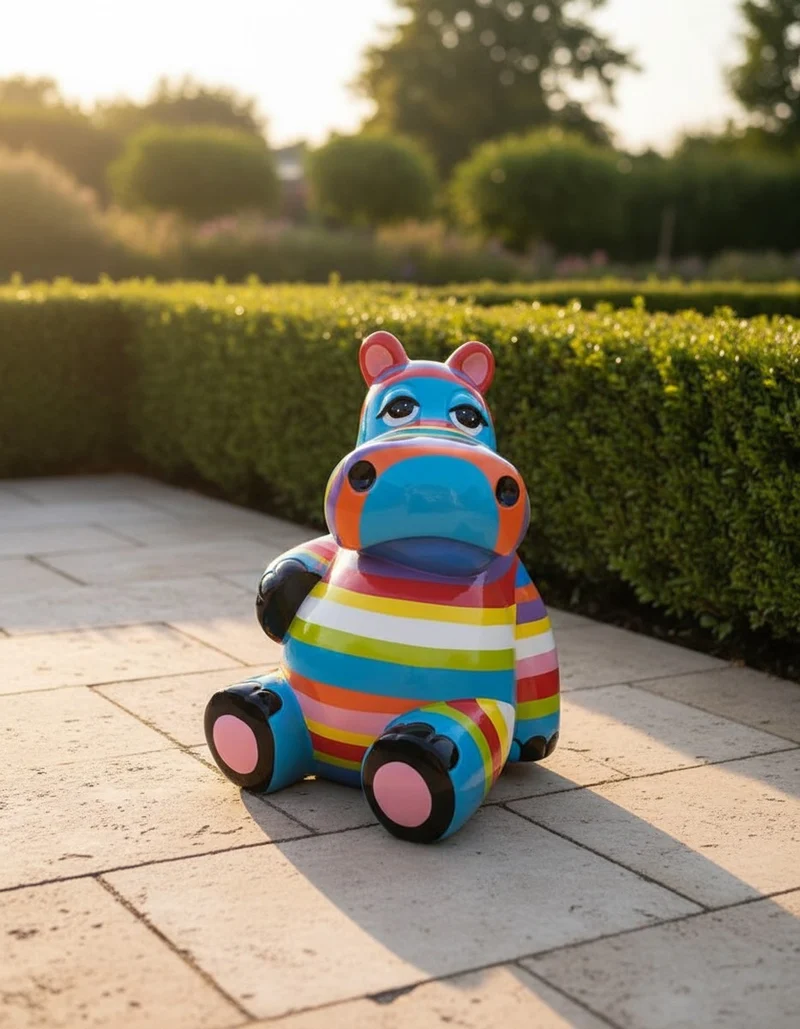 Casa Padrino Luxus Deko Skulptur Nilpferd Sitzen Striped H. 95 cm - Deko Skulptur - Deko Figur - Tierfigur - Gartendeko