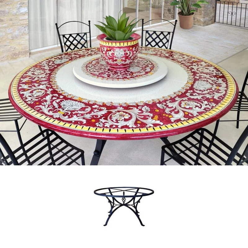 Casa Padrino Luxus Jugendstil Gartentisch Arabeske Rot Ø 180 cm - Runder Esstisch aus handbemaltem Lavastein - Gastronomie Möbel - Made in Italy